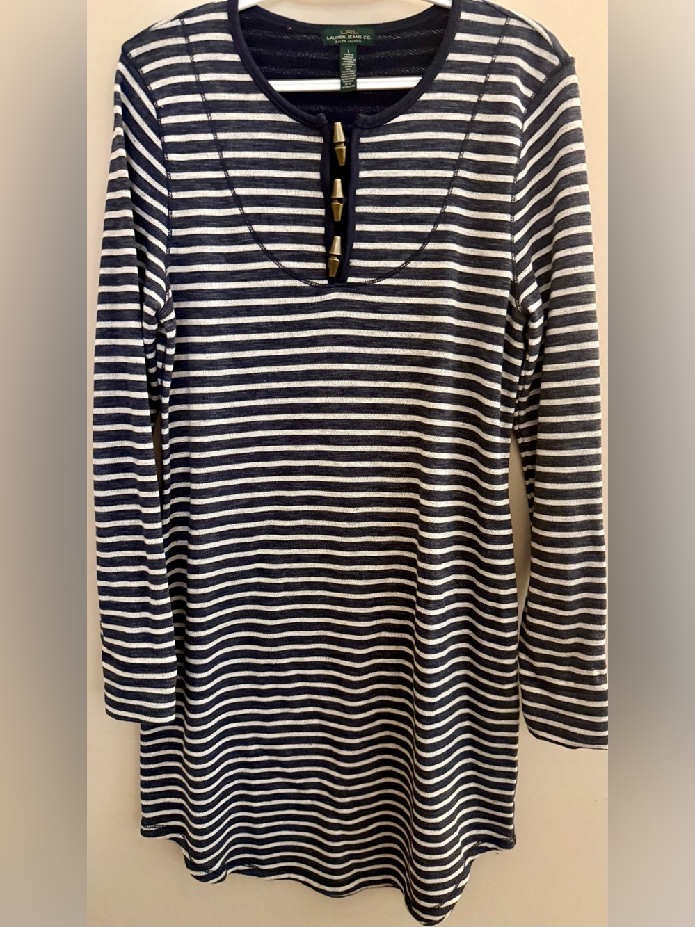 LRL Ralph Lauren Navy White Stripe French Terry Toggle Tunic Dress L